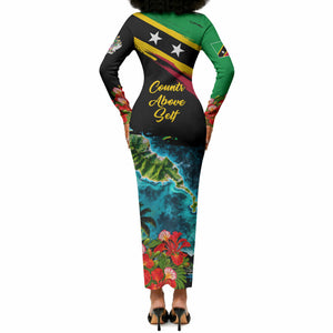 Saint Kitts And Nevis Long Sleeve Bodycon Dress Caribbean Pride Tropical Island Map Pelican Floral