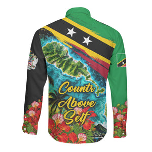 Saint Kitts And Nevis Long Sleeve Button Shirt Caribbean Pride Tropical Island Map Pelican Floral