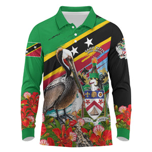Saint Kitts And Nevis Long Sleeve Polo Shirt Caribbean Pride Tropical Island Map Pelican Floral