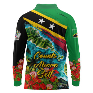 Saint Kitts And Nevis Long Sleeve Polo Shirt Caribbean Pride Tropical Island Map Pelican Floral
