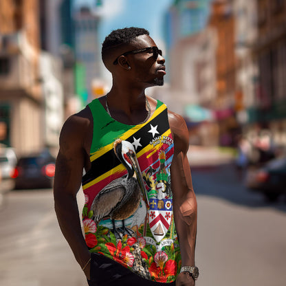 Saint Kitts And Nevis Men Tank Top Caribbean Pride Tropical Island Map Pelican Floral