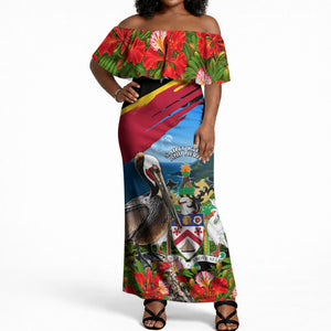 Saint Kitts And Nevis Off Shoulder Maxi Dress Caribbean Pride Tropical Island Map Pelican Floral