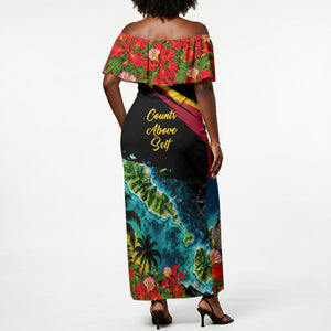 Saint Kitts And Nevis Off Shoulder Maxi Dress Caribbean Pride Tropical Island Map Pelican Floral