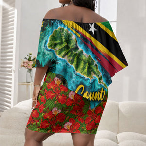 Saint Kitts And Nevis Off Shoulder Short Dress Caribbean Pride Tropical Island Map Pelican Floral