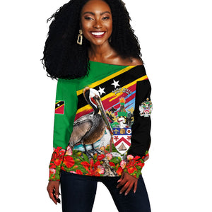 Saint Kitts And Nevis Off Shoulder Sweater Caribbean Pride Tropical Island Map Pelican Floral