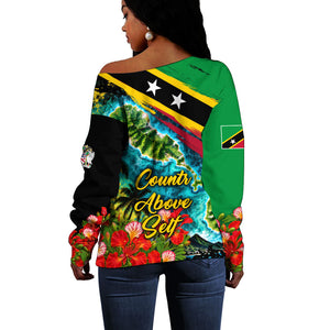 Saint Kitts And Nevis Off Shoulder Sweater Caribbean Pride Tropical Island Map Pelican Floral