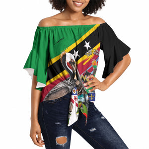 Saint Kitts And Nevis Off Shoulder Wrap Waist Top Caribbean Pride Tropical Island Map Pelican Floral