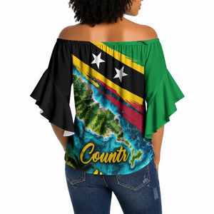 Saint Kitts And Nevis Off Shoulder Wrap Waist Top Caribbean Pride Tropical Island Map Pelican Floral