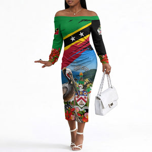 Saint Kitts And Nevis Off The Shoulder Long Sleeve Dress Caribbean Pride Tropical Island Map Pelican Floral