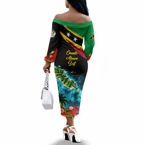 Saint Kitts And Nevis Off The Shoulder Long Sleeve Dress Caribbean Pride Tropical Island Map Pelican Floral