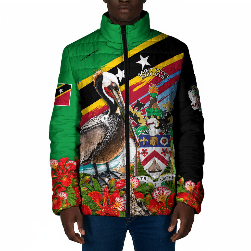 Saint Kitts And Nevis Padded Jacket Caribbean Pride Tropical Island Map Pelican Floral