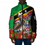 Saint Kitts And Nevis Padded Jacket Caribbean Pride Tropical Island Map Pelican Floral