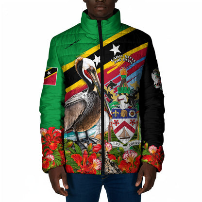 Saint Kitts And Nevis Padded Jacket Caribbean Pride Tropical Island Map Pelican Floral