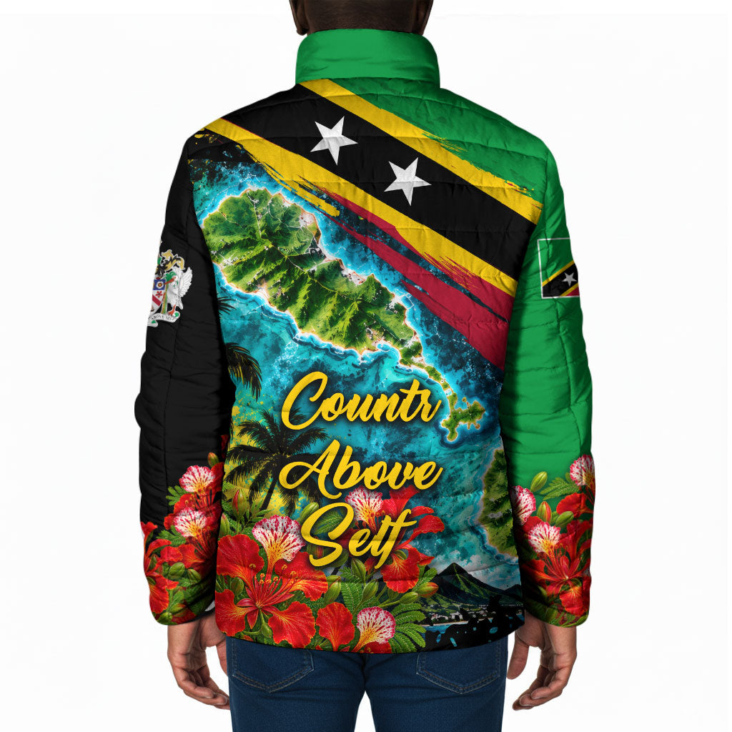 Saint Kitts And Nevis Padded Jacket Caribbean Pride Tropical Island Map Pelican Floral
