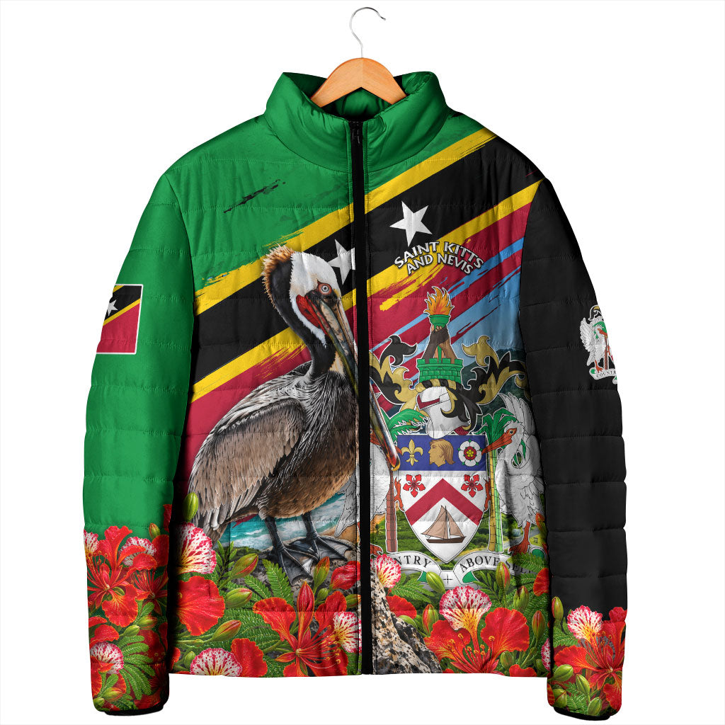 Saint Kitts And Nevis Padded Jacket Caribbean Pride Tropical Island Map Pelican Floral