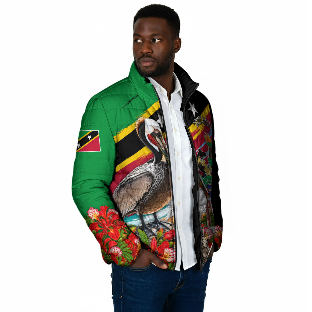 Saint Kitts And Nevis Padded Jacket Caribbean Pride Tropical Island Map Pelican Floral