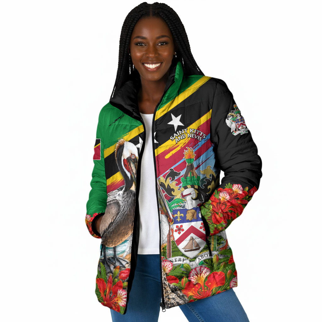Saint Kitts And Nevis Padded Jacket Caribbean Pride Tropical Island Map Pelican Floral