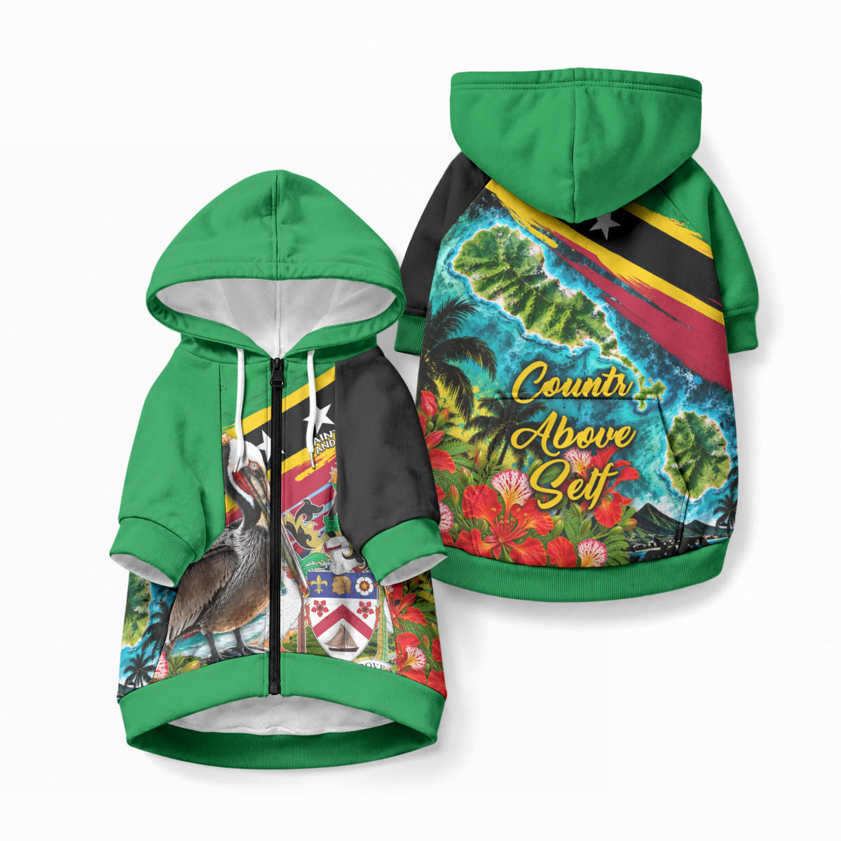 Saint Kitts And Nevis Pet Hoodie Caribbean Pride Tropical Island Map Pelican Floral