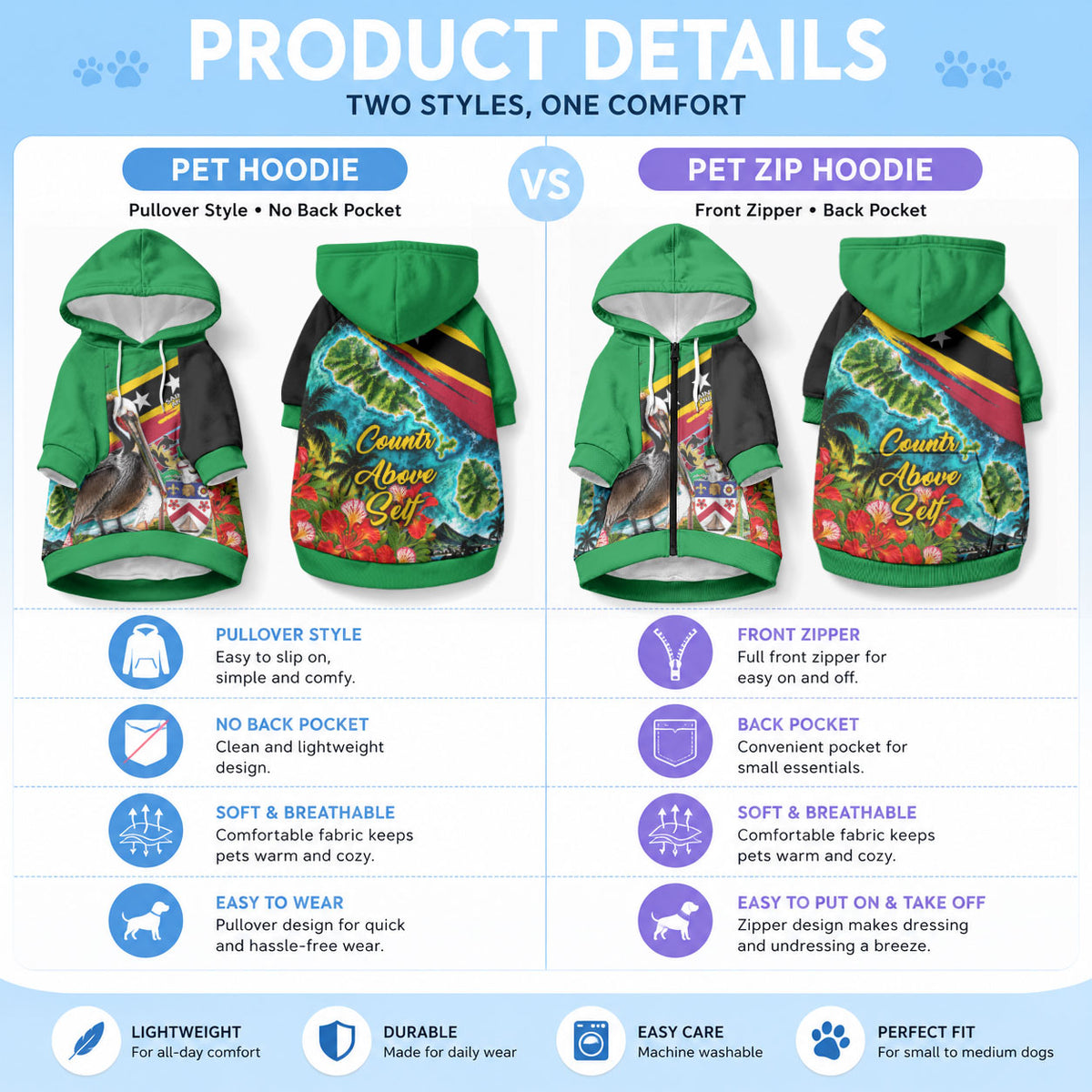 Saint Kitts And Nevis Pet Hoodie Caribbean Pride Tropical Island Map Pelican Floral