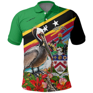 Saint Kitts And Nevis Polo Shirt Caribbean Pride Tropical Island Map Pelican Floral