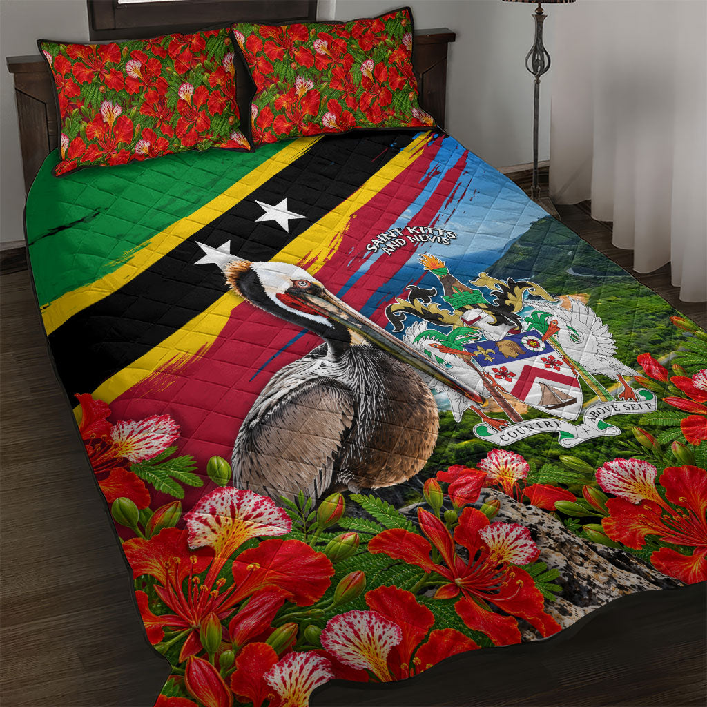 Saint Kitts And Nevis Quilt Bed Set Caribbean Pride Tropical Island Map Pelican Floral