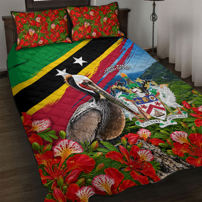 Saint Kitts And Nevis Quilt Bed Set Caribbean Pride Tropical Island Map Pelican Floral