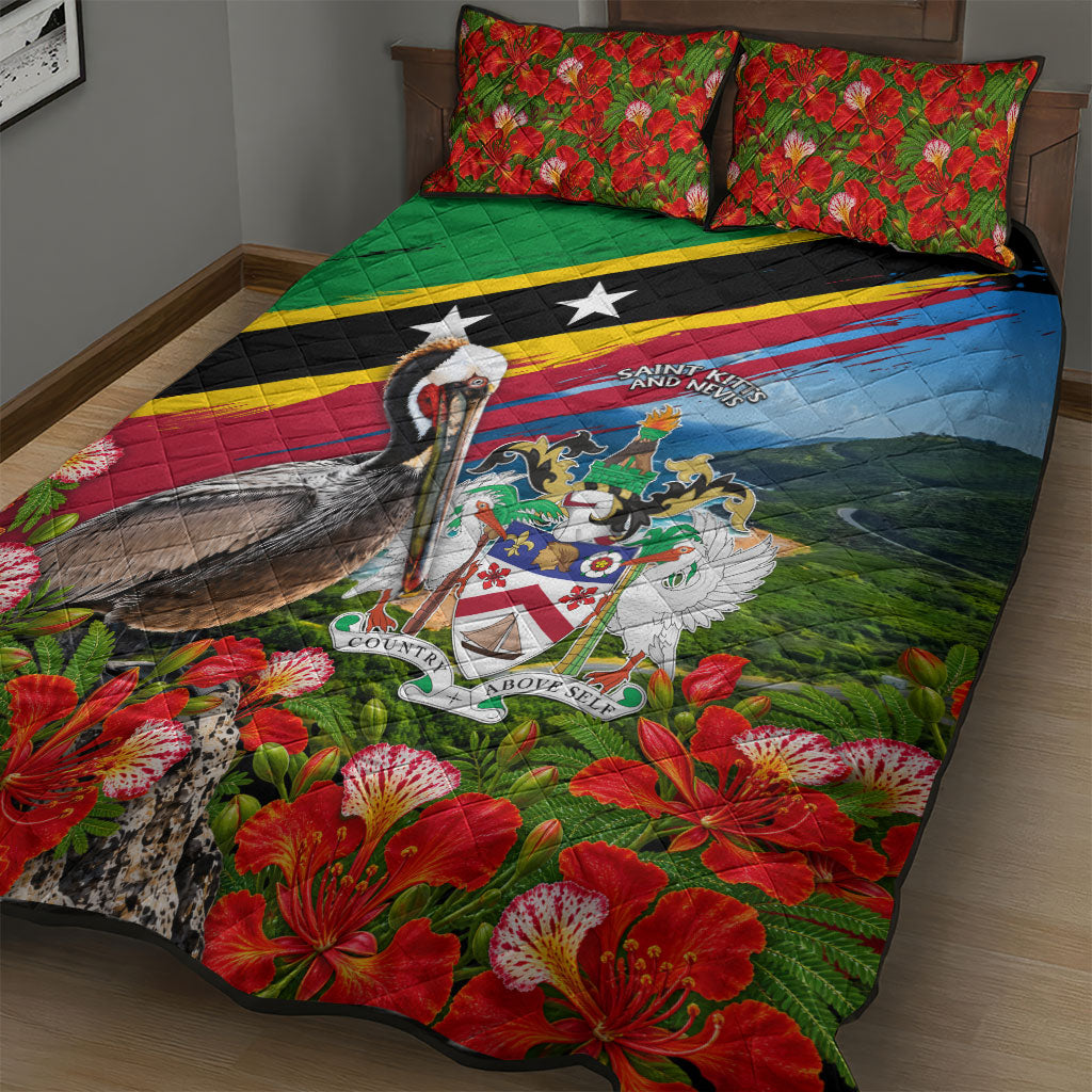 Saint Kitts And Nevis Quilt Bed Set Caribbean Pride Tropical Island Map Pelican Floral