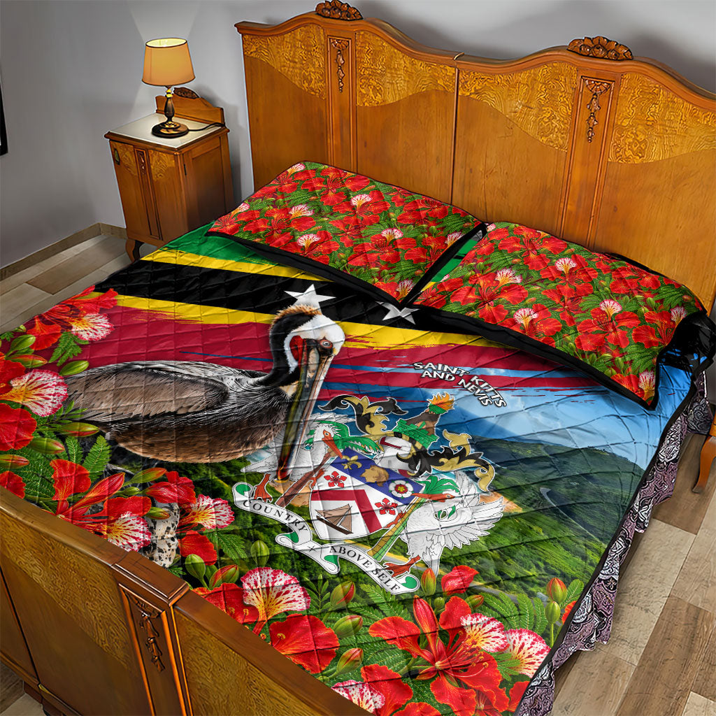 Saint Kitts And Nevis Quilt Bed Set Caribbean Pride Tropical Island Map Pelican Floral