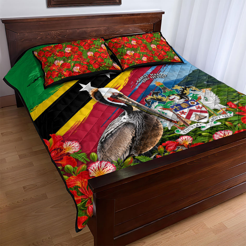 Saint Kitts And Nevis Quilt Bed Set Caribbean Pride Tropical Island Map Pelican Floral