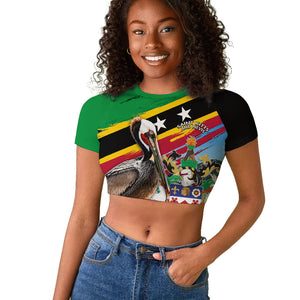 Saint Kitts And Nevis Raglan Cropped T shirt Caribbean Pride Tropical Island Map Pelican Floral