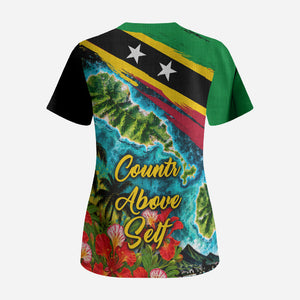 Saint Kitts And Nevis Scrub Top Caribbean Pride Tropical Island Map Pelican Floral