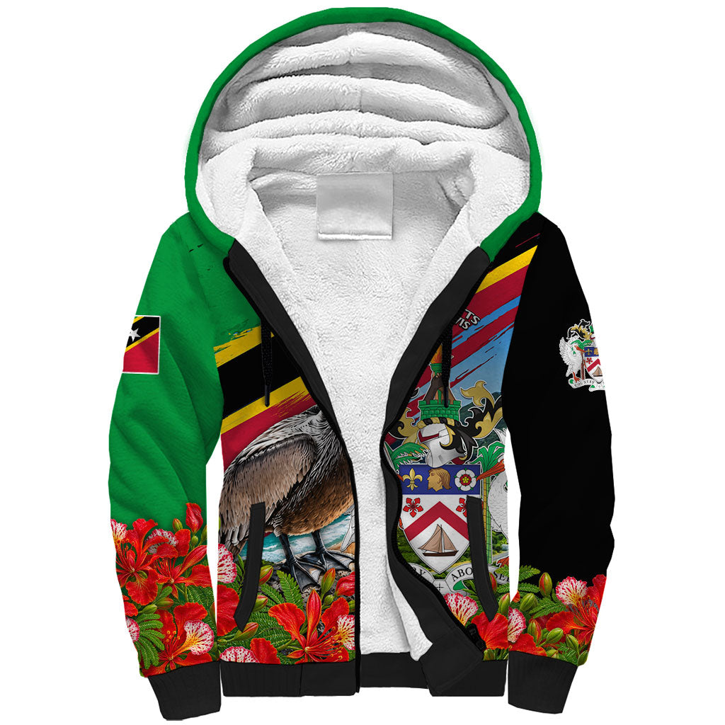Saint Kitts And Nevis Sherpa Hoodie Caribbean Pride Tropical Island Map Pelican Floral