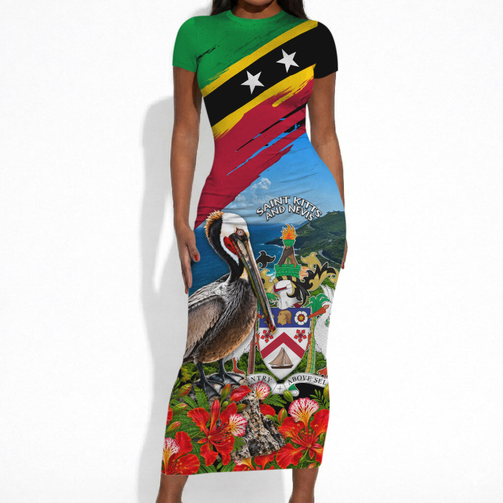 Saint Kitts And Nevis Short Sleeve Bodycon Dress Caribbean Pride Tropical Island Map Pelican Floral