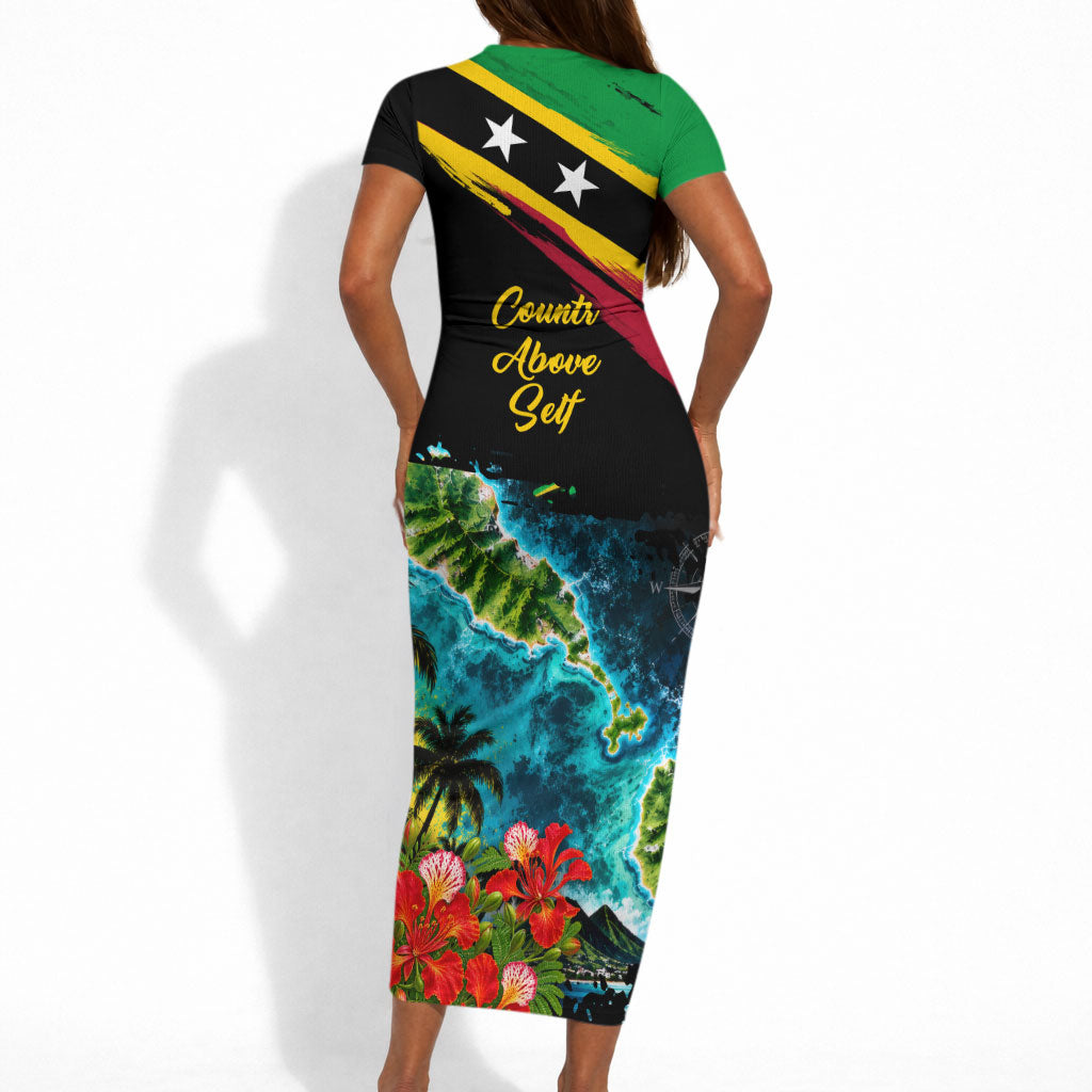 Saint Kitts And Nevis Short Sleeve Bodycon Dress Caribbean Pride Tropical Island Map Pelican Floral