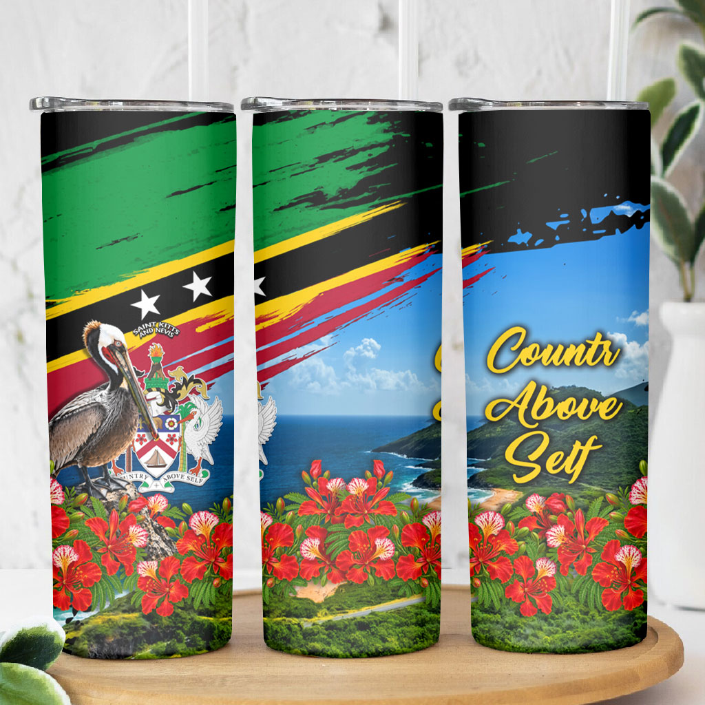 Saint Kitts And Nevis Skinny Tumbler Caribbean Pride Tropical Island Map Pelican Floral
