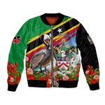 Saint Kitts And Nevis Sleeve Zip Bomber Jacket Caribbean Pride Tropical Island Map Pelican Floral