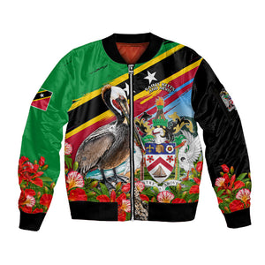 Saint Kitts And Nevis Sleeve Zip Bomber Jacket Caribbean Pride Tropical Island Map Pelican Floral