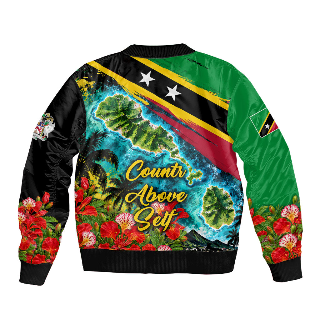 Saint Kitts And Nevis Sleeve Zip Bomber Jacket Caribbean Pride Tropical Island Map Pelican Floral