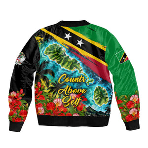 Saint Kitts And Nevis Sleeve Zip Bomber Jacket Caribbean Pride Tropical Island Map Pelican Floral