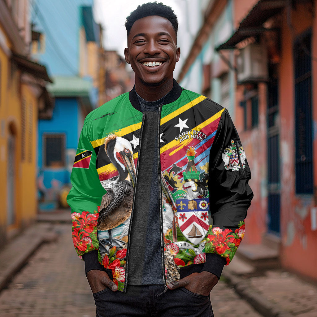 Saint Kitts And Nevis Sleeve Zip Bomber Jacket Caribbean Pride Tropical Island Map Pelican Floral