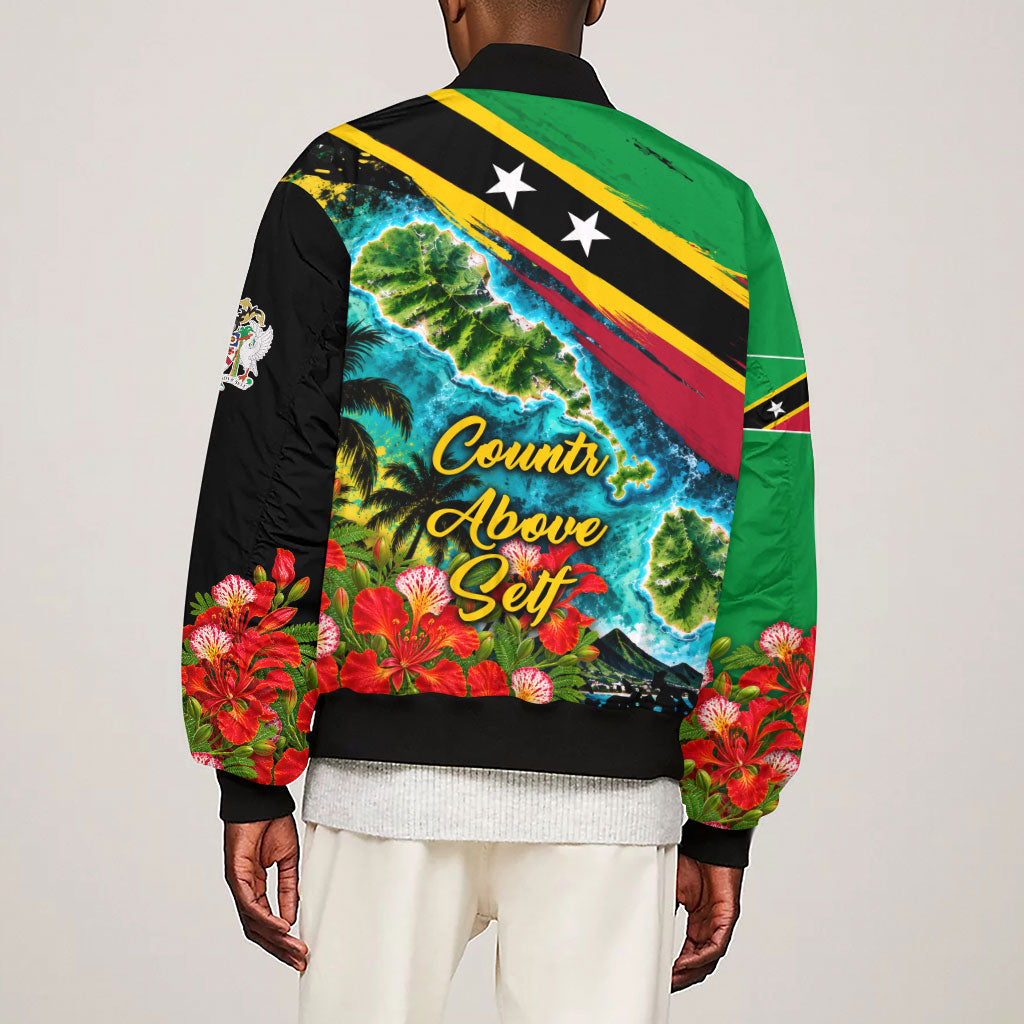 Saint Kitts And Nevis Sleeve Zip Bomber Jacket Caribbean Pride Tropical Island Map Pelican Floral