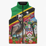 Saint Kitts And Nevis Sleeveless Puffer Jacket Caribbean Pride Tropical Island Map Pelican Floral