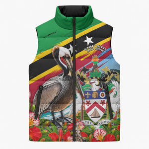 Saint Kitts And Nevis Sleeveless Puffer Jacket Caribbean Pride Tropical Island Map Pelican Floral