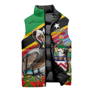 Saint Kitts And Nevis Sleeveless Puffer Jacket Caribbean Pride Tropical Island Map Pelican Floral