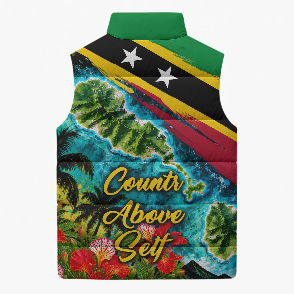 Saint Kitts And Nevis Sleeveless Puffer Jacket Caribbean Pride Tropical Island Map Pelican Floral