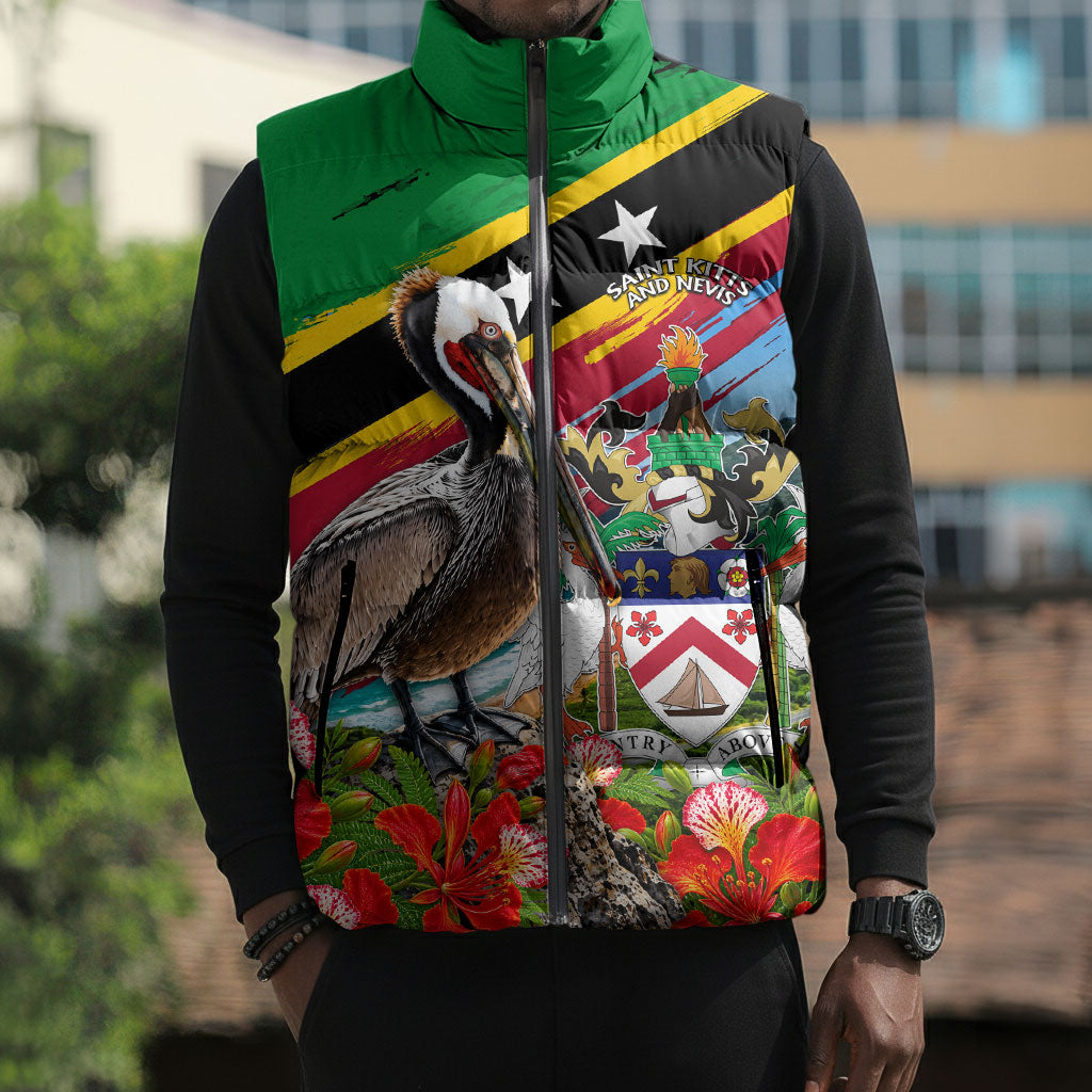 Saint Kitts And Nevis Sleeveless Puffer Jacket Caribbean Pride Tropical Island Map Pelican Floral