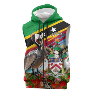 Saint Kitts And Nevis Sleeveless Zip Hoodie Caribbean Pride Tropical Island Map Pelican Floral