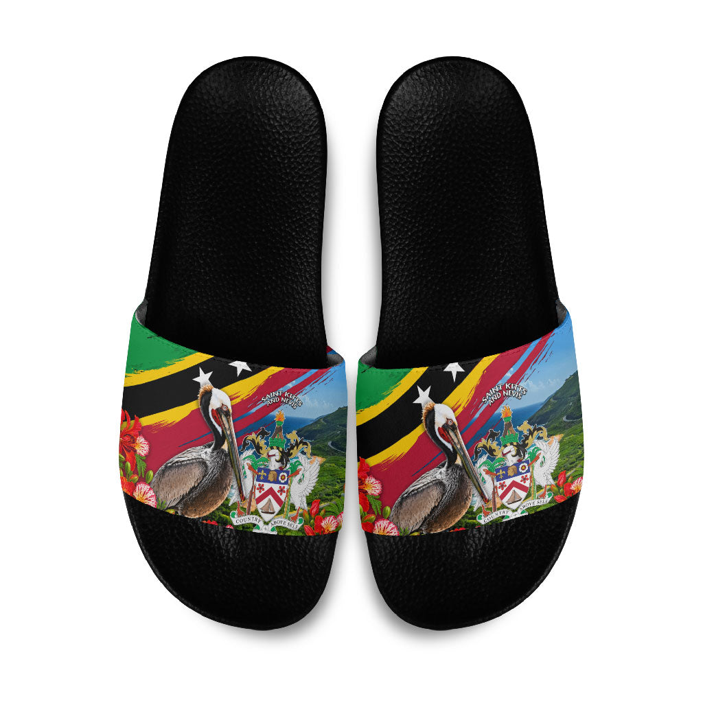 Saint Kitts And Nevis Slide Sandals Caribbean Pride Tropical Island Map Pelican Floral