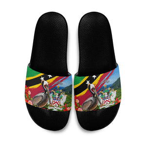 Saint Kitts And Nevis Slide Sandals Caribbean Pride Tropical Island Map Pelican Floral