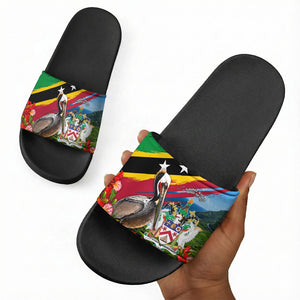 Saint Kitts And Nevis Slide Sandals Caribbean Pride Tropical Island Map Pelican Floral